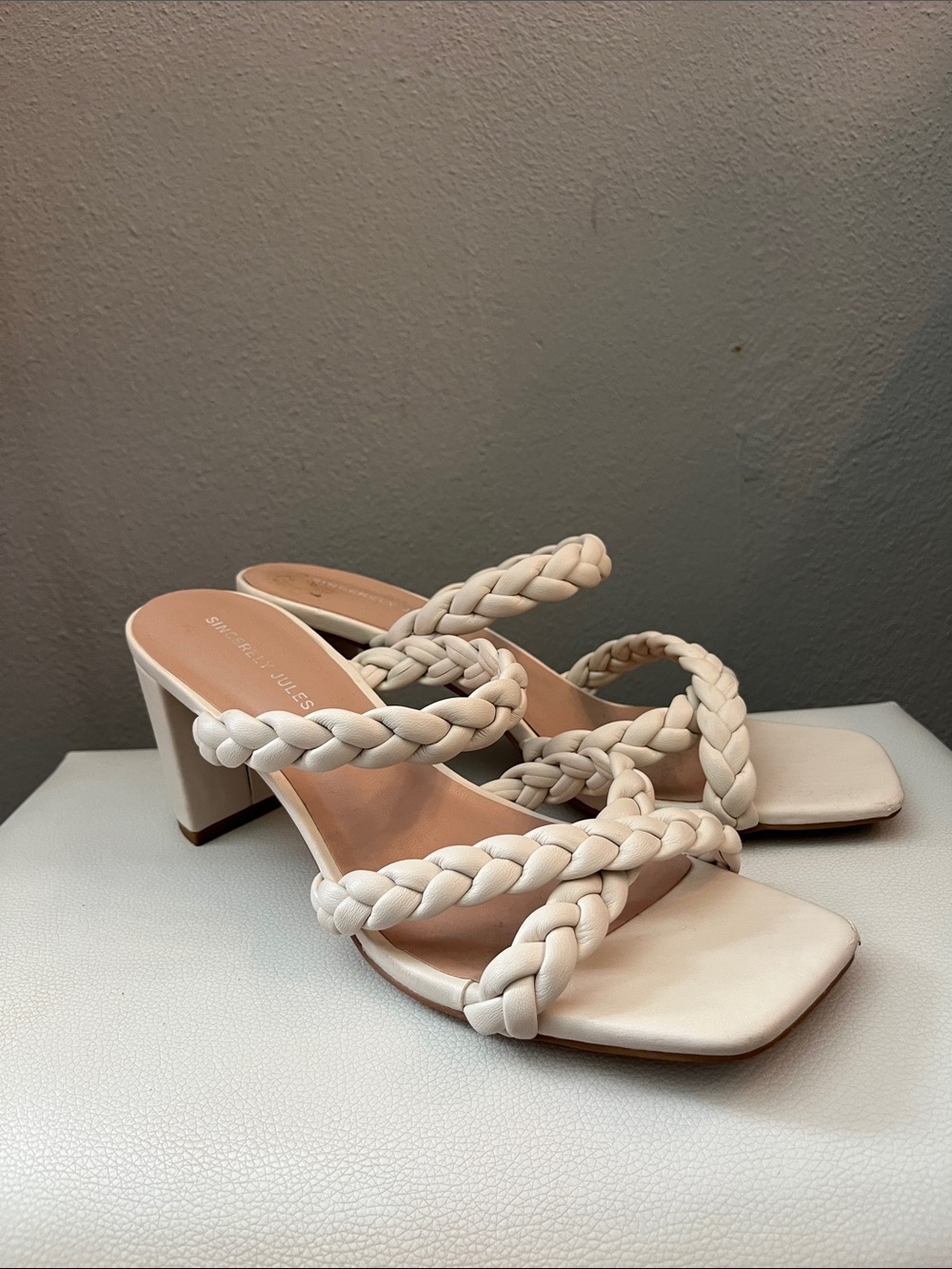 Sincerely Jules Cream Puffy Braided Chunky Heeled Sandals